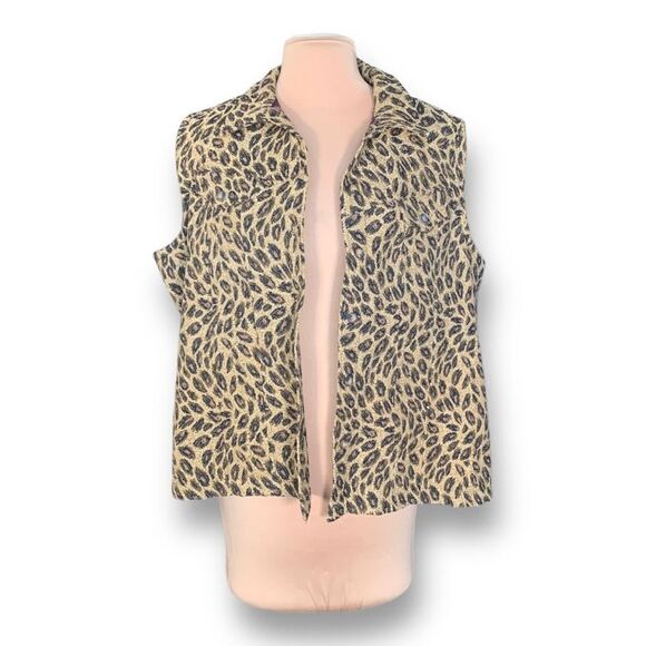 Vintage 90s Vest Tan Brown Leopard Animal Print Collared Button Front Plus 2X - Picture 3 of 9